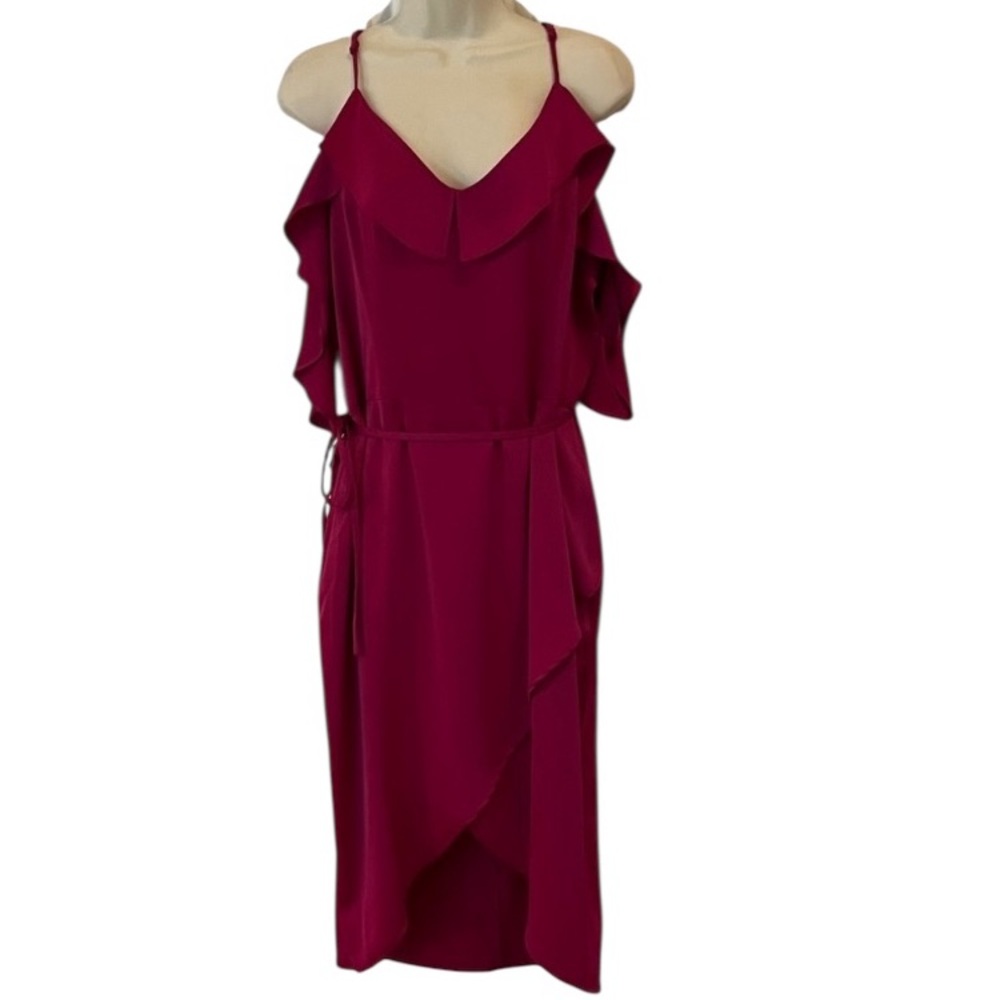 JustFab size 14 pink silky faux wrap dress perfect for wedding cold shoulder